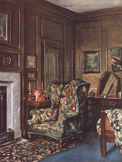 室内装飾：茶色の壁を明るい色で彩った寝室（カラーリトグラフ） 作： William Bruce Ellis Ranken
