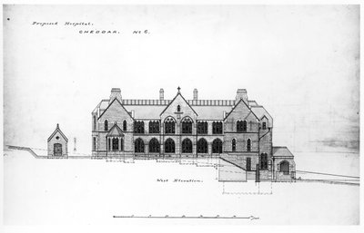 West Elevation-セントマイケルズホーム、チェダー、1878年以前（紙に黒のインク、鉛筆、トイレ） 作： William Butterfield