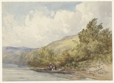湖と 2 人の人物が描かれたボートのある丘陵の風景 作： William Callow