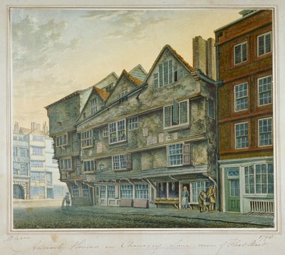 チャンセリー・レーンとフリート・ストリートの角にある家々、シティ・オブ・ロンドン、1798年 作： William Capon