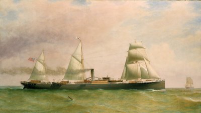 1873年に建造された英国インド汽船協会の旗を掲げた3本マストの船、汽船「ドルンダ号」は、1875年に建造され、オーストラリアでの旅客輸送に使用されたが、1894年にポルトガル海岸で沈没した。 作： William Clark