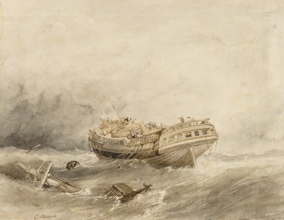 嵐の後の静けさの中で脱線する商船。クラークソン・スタンフィールド（1793-1867）による水彩画（34.4x44.5cm） 作： William Clarkson Stanfield