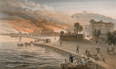 1855年6月9日、ケルチでの政府の建物の焼却 作： William Crimea Simpson