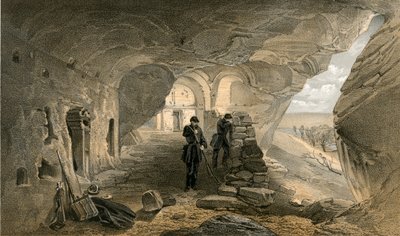 インカーマンの洞窟にある発掘された教会。西を向いています。 作： William Crimea Simpson