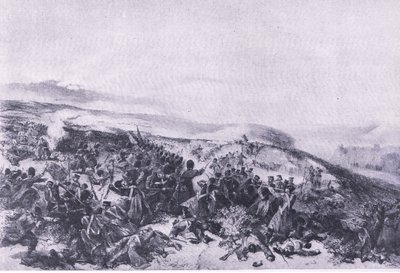 ガードの2回目の突撃、インカーマンの戦いで2つの砲台を取り戻したときのイラスト、1915年の陸と海でのイギリスの戦い 作： William Crimea Simpson
