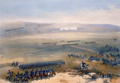 ブルガナクの高さの騎兵隊事件：最初の銃、「東の戦争の席」からのプレート、パブ。ポール・ウント・ドミニク・コルナギウント社、1856年 作： William Crimea Simpson