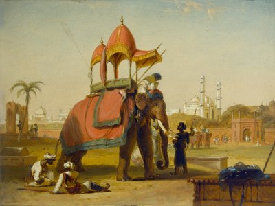 捕虜になった象-デリーの近くのシーン（東インド諸島のシーン）、1832 作： William Daniell