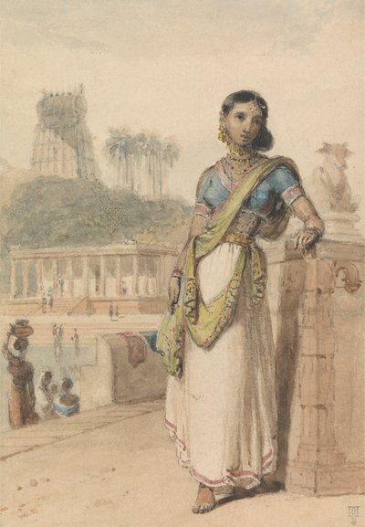 壁のそばに立つハイカーストの女性 作： William Daniell