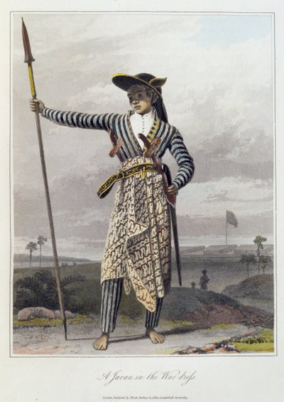 トーマス・スタンフォード・ラッフルズ（1781-1826）の『ジャワ島の歴史』第1巻より、戦装束をまとったジャワ人、pl.5。1817年（カラー・アクアチント）。 作： William Daniell