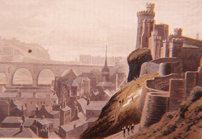 エディンバラ、ノースブリッジの一部と城、ダニエルのツアーより（エングレーヴィング） 作： William Daniell