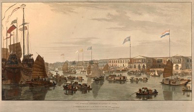 中国・広東のヨーロッパ商館（東インド会社）。ウィリアム・ダニエール（1769-1837）1805年製図・彫刻。 作： William Daniell