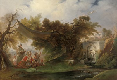 ストリームの近くの人物とインドの風景（キャンバスに油彩） 作： William Daniell