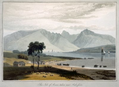 1817年にロンドンで出版された「1814年から1825年にかけて行われたイギリス周辺の航海」から、アルドロッサンから見たアラン島（1817年に手書き） 作： William Daniell