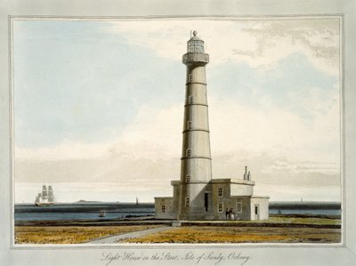 ライトハウスオンザスタート、オークニー、サンディ島、「イギリスを巡る航海1814年から1825年にかけて」、1821年発行 作： William Daniell