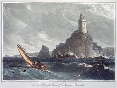 コーンウォール、ランズエンド沖のロングシップス灯台」1814年 作： William Daniell