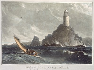 ランズエンドのロングシップ灯台、コーンウォール、1814年から1825年に発行された「イギリスを巡る航海」のボリュームIから1814年に発行（アクアチント） 作： William Daniell