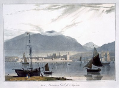 AngleseaからのCaernarvon城の眺め」、ウェールズ、1814年 作： William Daniell