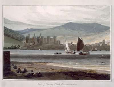 1815年に出版された「A Voyage Around Great Britain Undertaken between the Years 1814 and 1825」から、CaernarvonshireのConway Castleの眺め（カラー・エングレーヴィング）。 作： William Daniell