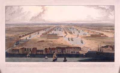 1802年、ロンドン、ポプラのウェスト・インディア・ドックス 作： William Daniell