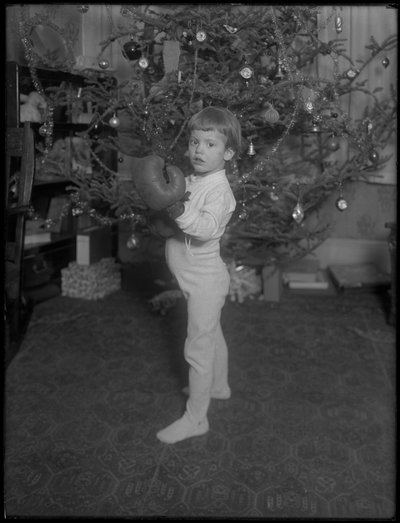正体不明の子供がボクシンググローブを身に着けているクリスマスツリーの前に立っています（1915〜16年） 作： William Davis Hassler
