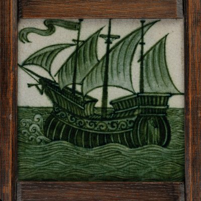 フルセイルの船のタイルパネル、フレーム、1865〜80年頃（セラミック） 作： William de Morgan