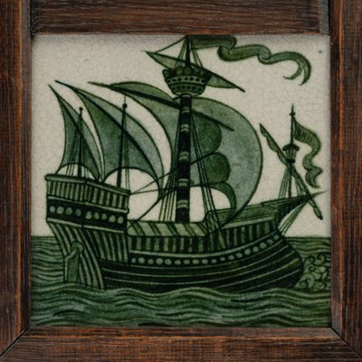 フルセイルの船のタイルパネル、フレーム、1865〜80年頃（セラミック） 作： William de Morgan