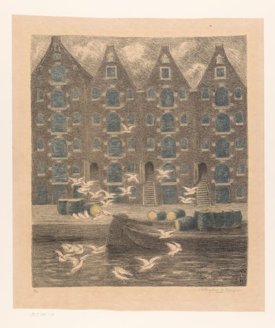 アムステルダムの Brouwersgracht の倉庫 作： William Degouve de Nuncques (signed by artist)