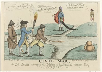 オランダ内戦に関する英語の風刺漫画、1787 年 内戦、またはオランダ人にオレンジ党を倒すように勧めるルナティック卿 (オブジェクトのタイトル) 作： William Dent