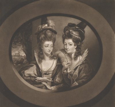 ウィンザーの陽気な妻たちの登場人物のグウィン夫人とバンバリー夫人、1780 年.. 作： William Dickinson
