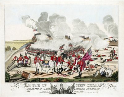 ニューオーリンズの戦いと1815年1月8日のパッケナム少将の死、pub.1815年（彩色済み彫刻 作： William Edward (after) West