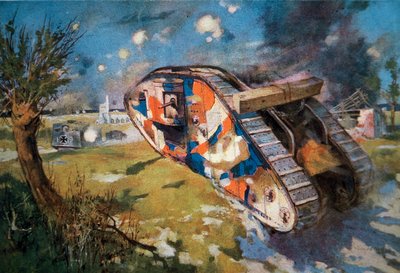 第1次世界大戦中、ドイツ軍戦車と対戦する迷彩色のイギリス軍Mk IV戦車（1918年8月、「The Sphere」に掲載されたイラスト）（カラーリトグラフ 作： William Edward (after) Wigfull