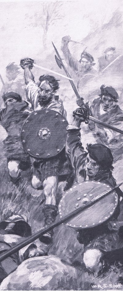 キリークランキーの戦いでのハイランダーズ、イギリスの陸と海での戦い、1915年のイラスト 作： William Edward Stott