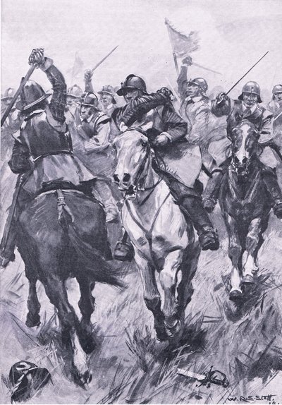 1650年9月3日のダンバーでの騎兵の衝突、1915年の陸と海でのイギリスの戦いのイラスト 作： William Edward Stott