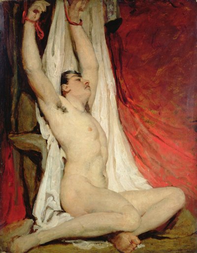 腕を上に伸ばした男性ヌード 作： William Etty