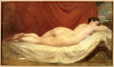 赤いカーテンに対してソファーに横たわっているヌード 作： William Etty