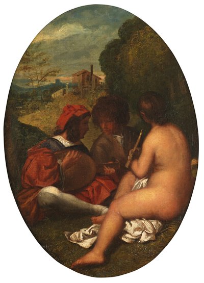ティツィアーノ後の牧歌的なコンサート（キャンバスに油彩をパネルに置いた） 作： William Etty