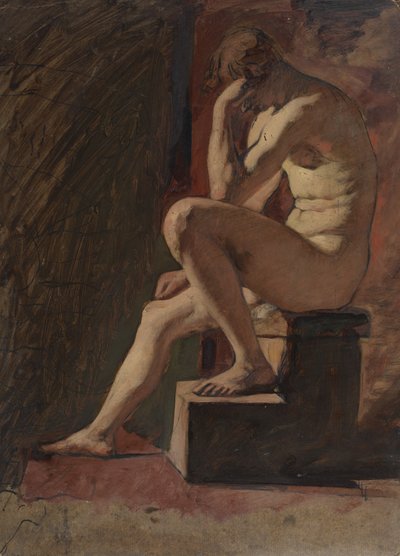 座っている男性のヌード、手で頭を休んで、左足をブロックで休んで 作： William Etty