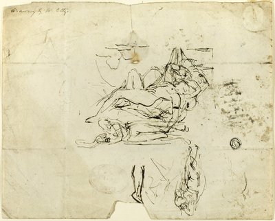 横たわる女性のヌードと好色なカップルのスケッチ 作： William Etty