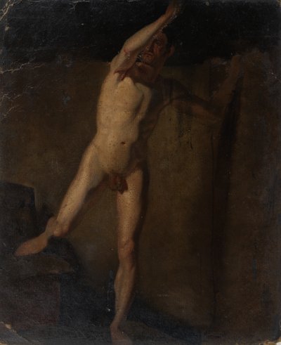 立っている男性のヌード、右腕を上げ、右足をブロックに乗せて 作： William Etty