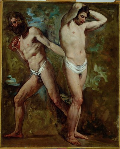 2つの立っている男性のヌード（キャンバスに油彩） 作： William Etty