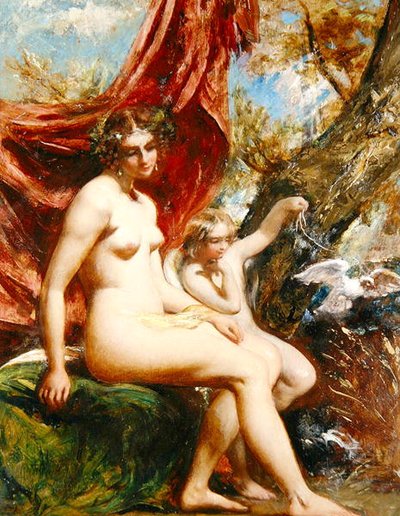 鳩を連れたヴィーナスとキューピッド（油彩・パネル） 作： William Etty