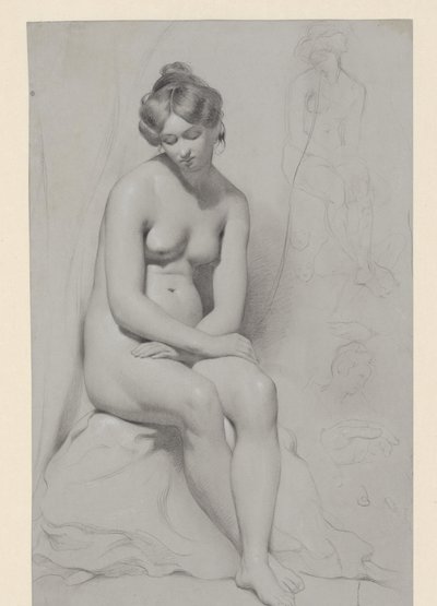 高いヘアカットで座っている裸の女性モデル、その隣に再びスケッチ 作： William Etty