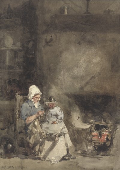 囲炉裏の女と子、1842年（紙のグラファイトの上にトイレ） 作： William Evans