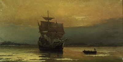 プリマス港に到着したメイフラワー号、1882年。 作： William Formby Halsall