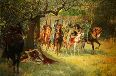 フォークイーンズがランスロット卿が眠っているのをどのように見つけたか 作： William Frank Calderon