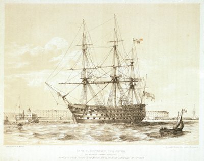 HMS「ヴィクトリー」、18世紀後半から19世紀初頭（カラーリトグラフ） 作： William Frederick Mitchell