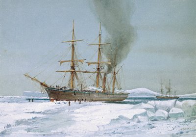 南極探検用に設計された船で、氷の中を進むHMS「ディスカバリー号」。ウィリアム・フレデリック・ミッチェル（1845-1914）の水彩画、1901年頃。 作： William Frederick Mitchell