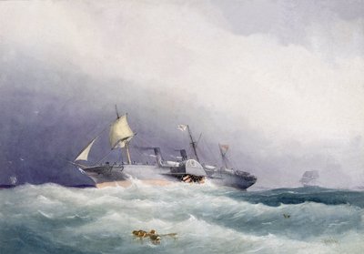 1853年、イギリスのグリーンロックでケアード社によって金属製で建造されたロイヤル・メールの蒸気船「アトラト号」。1864年、ウィリアム・フレデリック・ミッチェル（1845-1914）による水彩画。 作： William Frederick Mitchell
