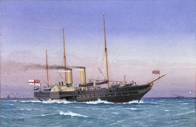 蒸気全開で帆をたたみ、海上に浮かぶ王室ヨット「オズボーン」（1870年）。水彩画 作： William Frederick Mitchell