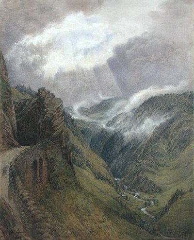 ジュラ地方のモレスとレ・ルースの間のラスキンの旧道にて 作： William Gersham Collingwood
